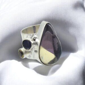Vintage Sterling Silver Ring Amythyst-Citrine Galss Teardrop Rounds Wide Band
